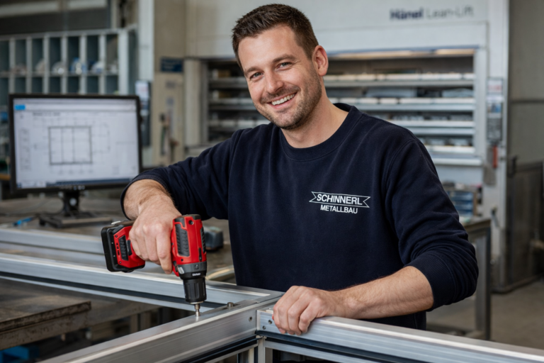 Mann mit Akkuschrauber in der Produktion von Fenstern,